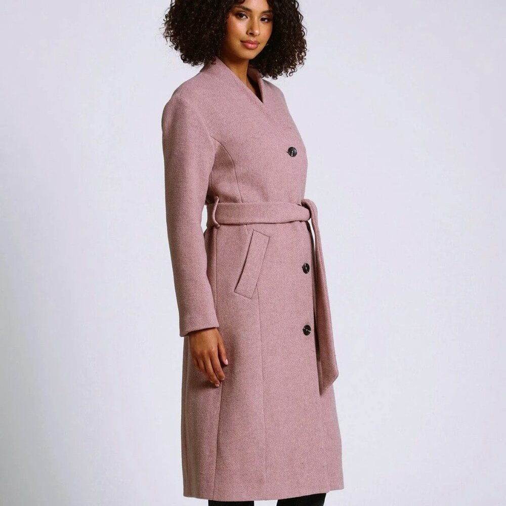 NWT Avec Les Filles Wool-Blend Belted Overlap-Collar Coat in Portabella, Sz L